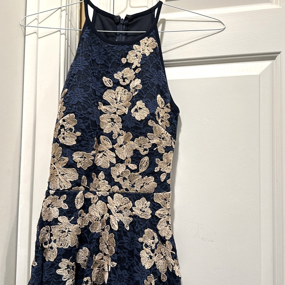 Beautiful blue lace formal dress with embroidered gold flowers